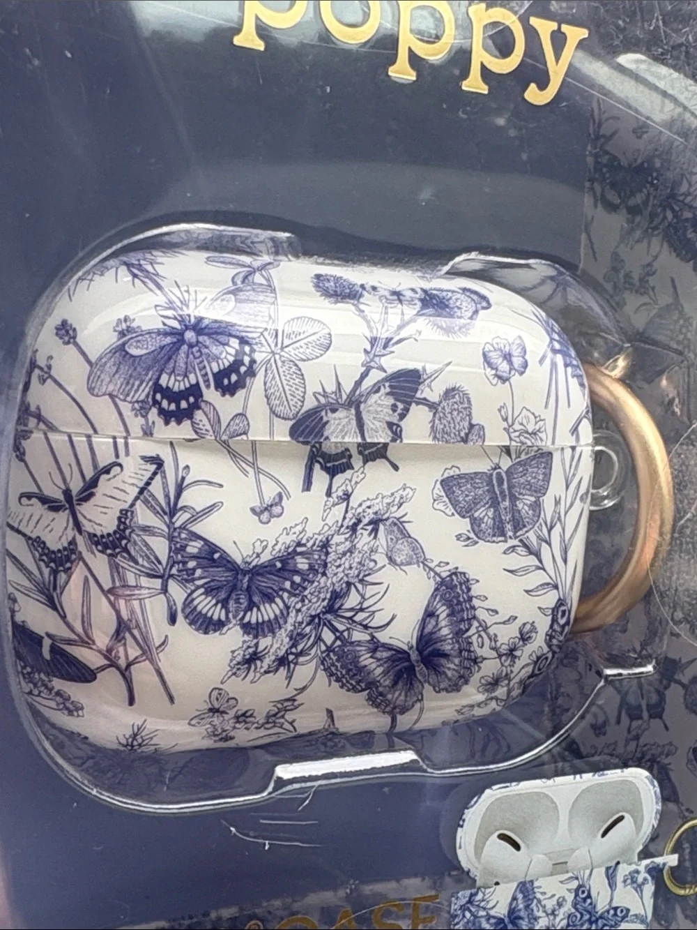 🦋 XO Poppy Floral Butterfly AirPods Pro Case Blue on White Gold Clip NWT
